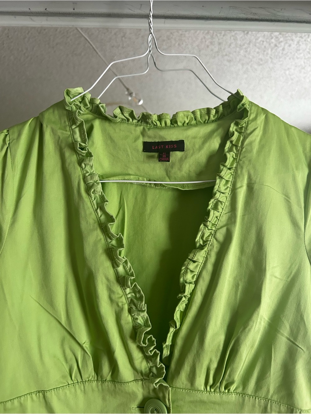 Green Ruffle V-Neck Button Front Top - Picture 2 of 5